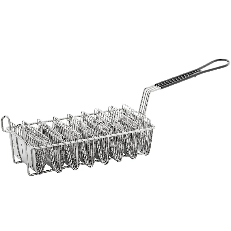 8-Slot Nickel-Plated Steel Taco Fry Basket with Plastic Handle Front Hook