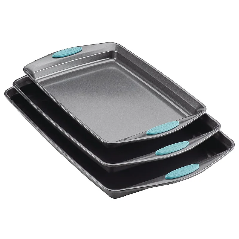 Rachael Ray 3-Piece Nonstick Bakeware Cookie Pan Set with Silicone Grips Gray with Agave Blue Grips