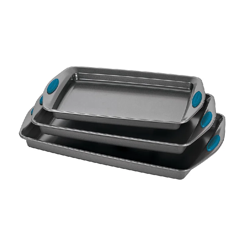 Rachael Ray 3-Piece Nonstick Bakeware Cookie Pan Set with Silicone Grips Gray with Marine Blue Grips