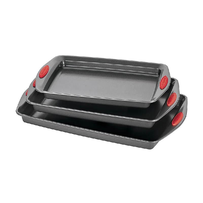 Rachael Ray 3-Piece Nonstick Bakeware Cookie Pan Set with Silicone Grips Gray with Red Grips