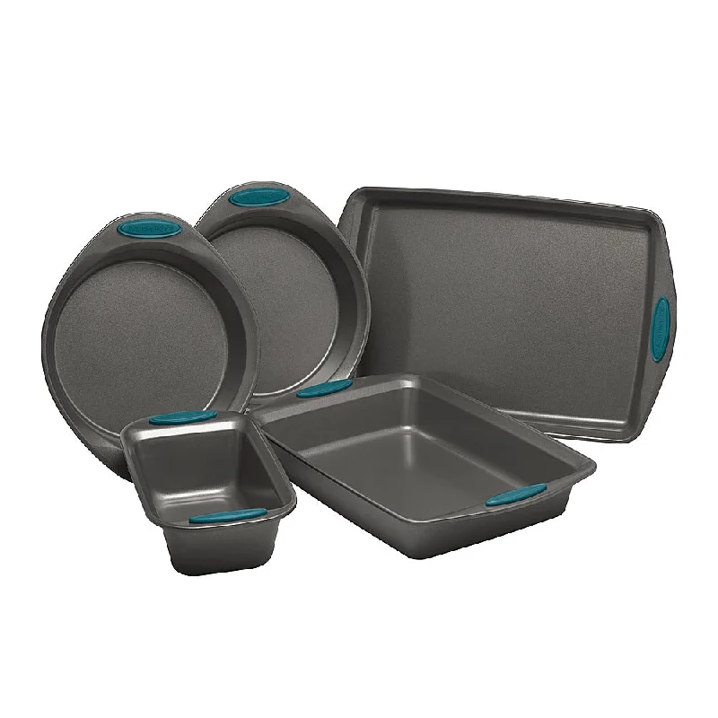 Rachael Ray Yum-o! Oven Lovin'5-Piece Nonstick Bakeware Pan Set Gray with Marine Blue Handles